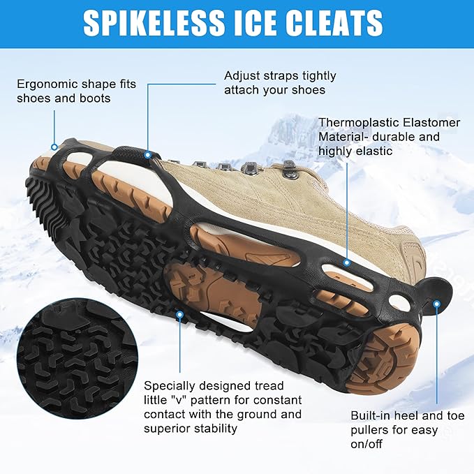 Spikeless Ice Cleats Snow Traction Crampons Anti-Slip Ice Grippers for Shoes and Boots Indoor Slip-On Ice Traction Devices Aids Rubber Footwear for Indoor/Outdoor