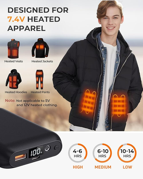 16000mAh 7.4V 5V Heated Vest Battery Pack, Battery Pack for Heated Vest Compatible with ORORO, for TODWARM, for Weamest, Rechargeable Power Bank with LED for Arris, for OCQOCQ, for Wulcea