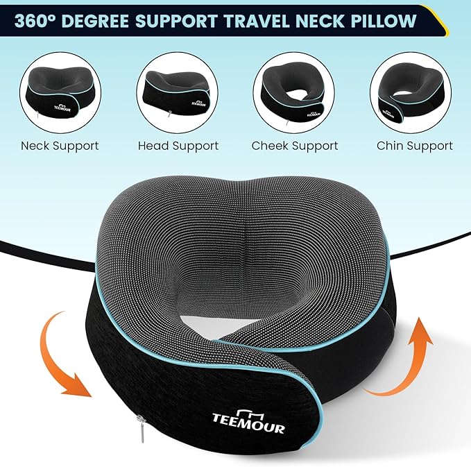 Upgraded Neck Pillow for Airplane Travel - 360° Support Stops Head Bobbing, Memory Foam Travel Pillow With Eye Mask & Earplugs, Portable Carry Bag for Long Flights/Car| Best Airplane Accessories Black