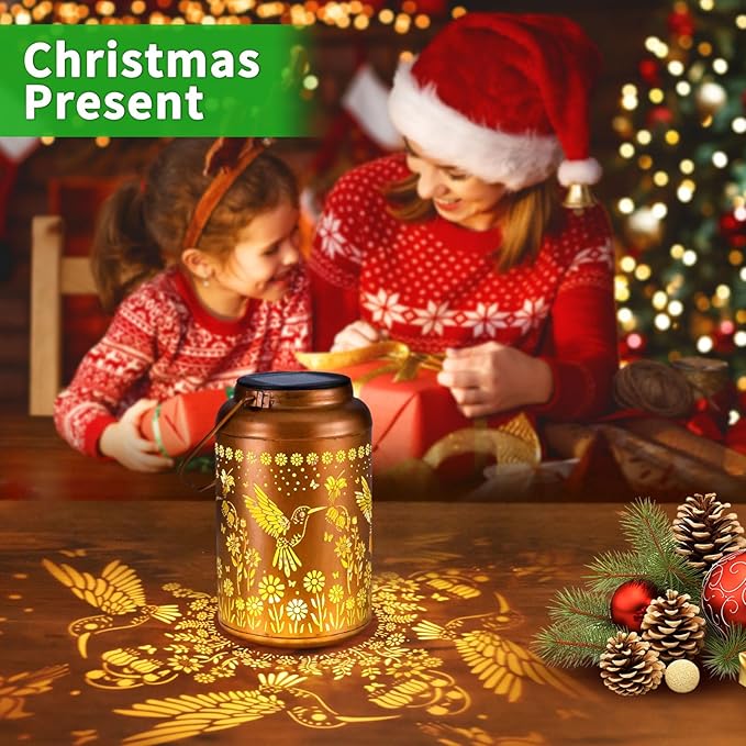 Hummingbird Solar Lanterns Outdoor Waterproof,Hummingbird Garden Decor Birthday Gifts for Women Men Mom Hanging Solar Lights Metal Decoration Outside for Yard,Patio,Backyard,Porch,Tabletop