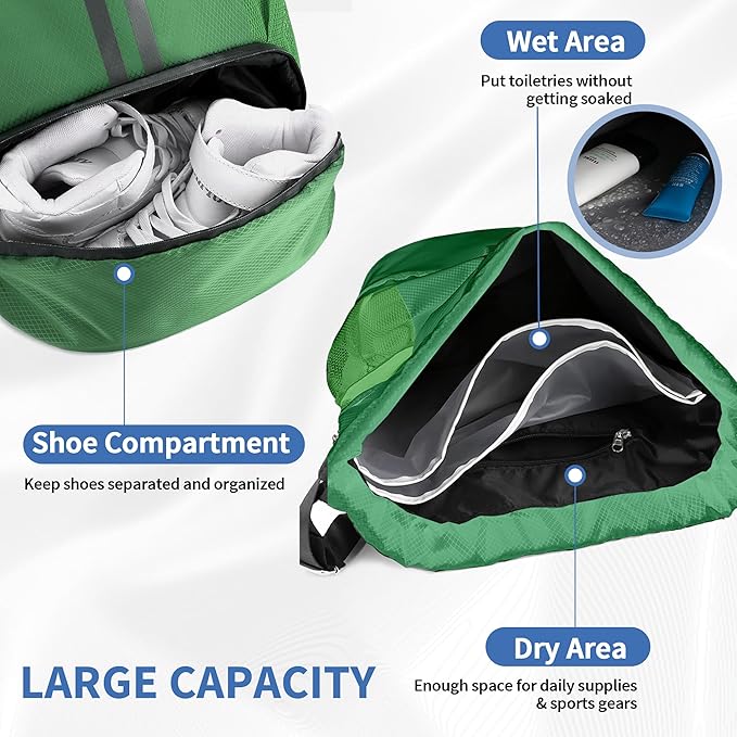 JELUTAR Drawstring Backpack Gym Bag with Shoes Compartment for Soccer, Basketball, Swim, Water-Resistant String Backpack Beach Cinch for Women Men, Dark Green