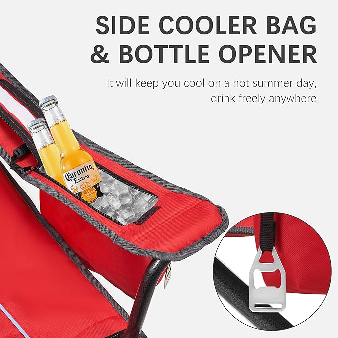 Oversized Folding Camping Chair for Adults - 450lbs Support - Heavy Duty Portable Lawn Chairs with Side Pocket Cup Holder Cooler Bag for Sports Garden Beach Fishing, Red