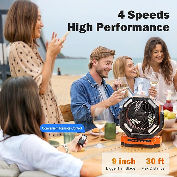 AMACOOL 20000mAh Rechargeable Camping Fan, Battery Operated Fan with Light, 68Hrs Work Time, 4 Speed, Auto Oscillating Outdoor Fans with Hook for Tent RV Car Travel Emergency Power Outages