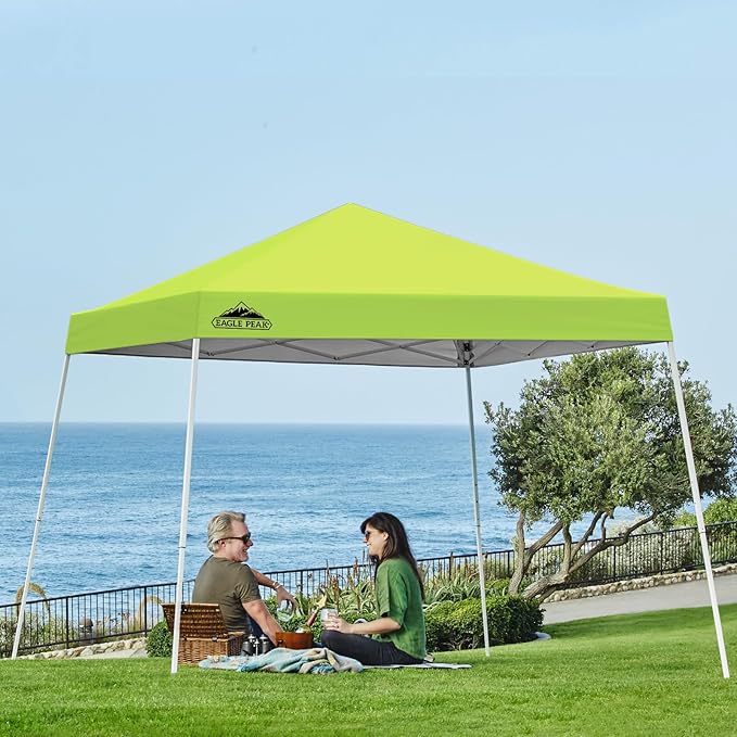 EAGLE PEAK 10x10 Slant Leg Pop-up Canopy Tent Easy One Person Setup Instant Outdoor Beach Canopy Folding Portable Sports Shelter 10x10 Base 8x8 Top (Fluorescent Green)