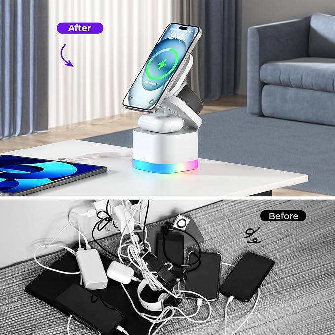 5 in 1 Wireless Charger, Foldable Wireless Charging Station with Night Light for Apple Magnetic Charger, Retractable Cable Fast Charger Stand for iPhone 17/16/15/14/13/12, Apple Watch, AirPods Pro 3