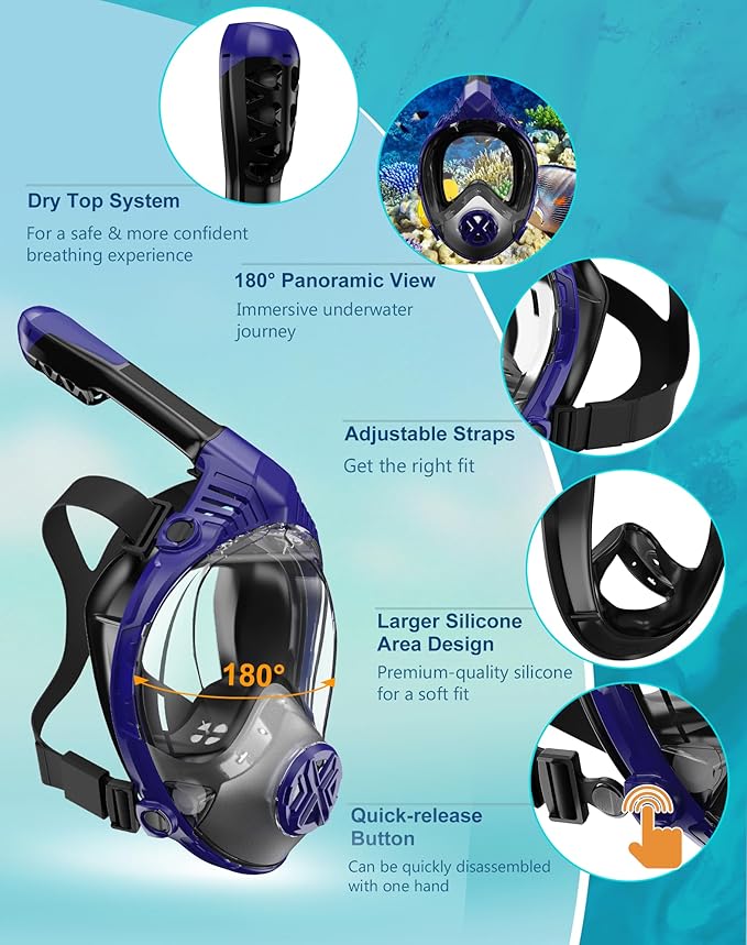 Full Face Snorkel Mask- Snorkeling Gear for Adults with Safe Dry Top Breathing System, Latest Foldable Panoramic View Snorkeling Mask for Men and Women, Anti Fog Anti Leak