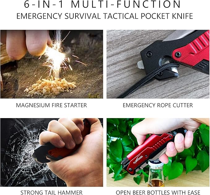 ALBATROSS Best 6-in-1 Survival Tactical Military Folding Pocket Knives with LED Light,Seatbelt Cutter,Glass Breaker,Magnesium Fire Starter,Bottle Opener;Multi-Function Emergency Tool(Red-SA)