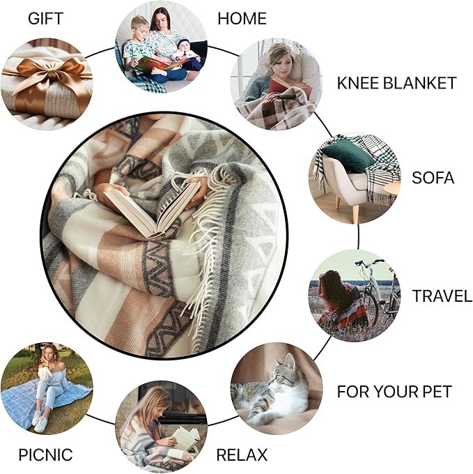 Cozy Wool Blanket | 100% Virgin Wool from New Zealand | Perfect Throw/Sofa Blanket with Fringes in Stripes Design (140 x 200 cm)