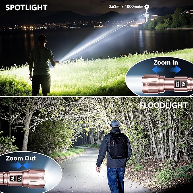 WdtPro LED Rechargeable Flashlight 2 Pack, Super Bright Zoomable 6000 Lumens Tactical Flashlight with LCD Digital Display, 3 Mode Waterproof Flash Light for Camping, Hunting & Home Emergency - Pink
