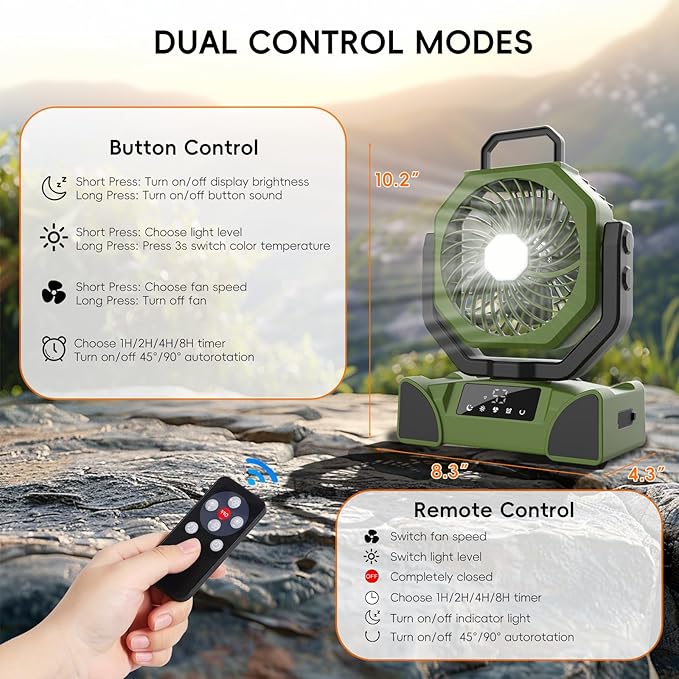 20000mAh Portable Camping Fan, Rechargeable Battery Powered Fan with Remote Control & Oscillating, LED Display, Light, Timer, Rotation, Hanging Hook for Outdoor Camp, Beach, Travel Tent