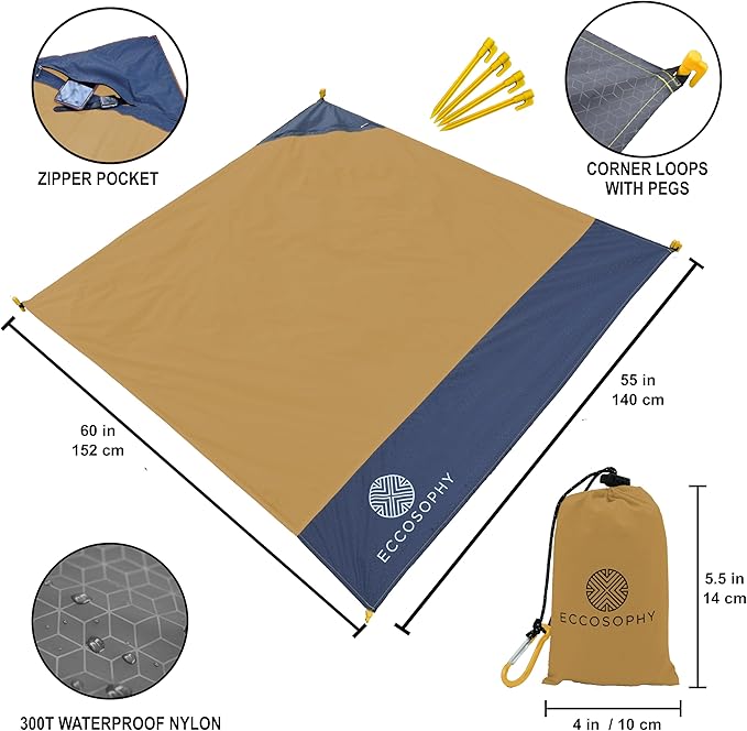 ECCOSOPHY Sand-Proof & Waterproof Picnic Blanket - 60x55, Lightweight, Compact, Ideal for Hiking, Camping, Festivals, Sports, Travel - Includes Bag & Stakes (Caramel)