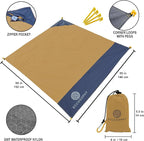 ECCOSOPHY Sand-Proof & Waterproof Picnic Blanket - 60x55, Lightweight, Compact, Ideal for Hiking, Camping, Festivals, Sports, Travel - Includes Bag & Stakes (Caramel)