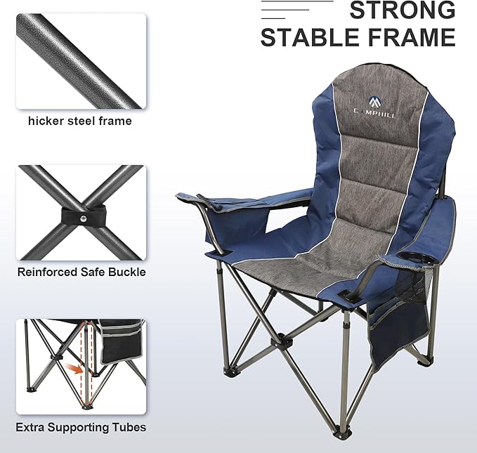 Folding Camping Chair:Oversized Portable Lawn Chairs for Adults,Outdoor Heavy Duty Padded Seats,Support 350 LBS,for Camp,Travel & Picnic