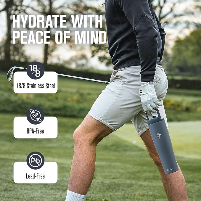 Coolflask Water Bottle 40 oz Fits Car Cup Holder, Slim Tumbler Stainless Steel with Straw & Handle, Vacuum Flask Leakproof Wide Mouth for Travel Sports Gym, Grey