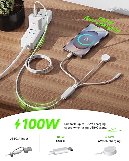 ZEEHOO Multi Charging Cable, 100W Dual USB C Charger Cable, for Apple Watch Charger, 3 in 1 Fast Charging Cable, iPhone 17/16/15 Pro, iPad, MacBook, AirPods, Nylon Braided Travel Cable
