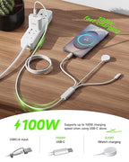 ZEEHOO Multi Charging Cable, 100W Dual USB C Charger Cable, for Apple Watch Charger, 3 in 1 Fast Charging Cable, iPhone 17/16/15 Pro, iPad, MacBook, AirPods, Nylon Braided Travel Cable