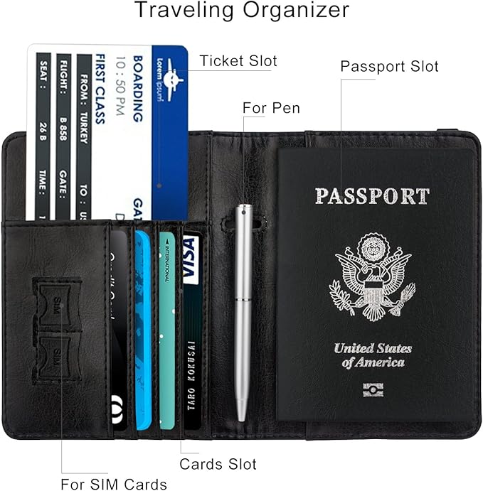 WALNEW Passport Holder for Travel, RFID Passport Cover Wallet for Women Men, PU Leather Passport Book Card Holder Case with Pen, Travelling Essentials for Flying