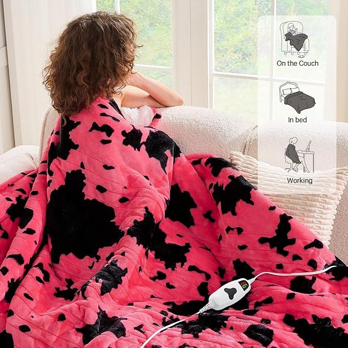 Cow Print Electric Heated Blanket King Size,90X100 Pink Heating Blanket King With Dual Control&Timer&10 Heat Levels,Highland Cow Decor Fleece Sherpa Blankets Warmer Gifts for Bed Women Adults,ETL