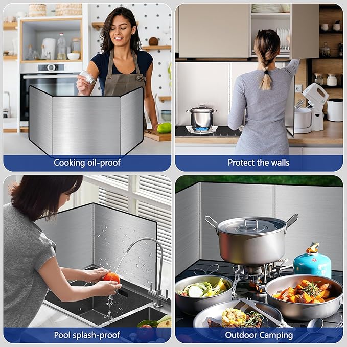 2 Pieces 2 Sided Grease Splatter Guard Foldable Splatter Guard for Stove Stainless Steel Oil Splatter Screens Backsplash for Wall Gas Range Frying Pan Camping(Size:15.7×15.7inches)