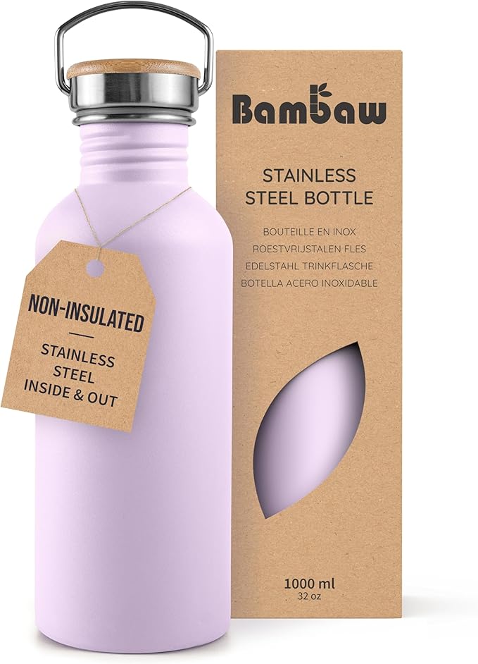 Bambaw Stainless Steel Water Bottle, Purple Water Bottle, 1 Litre Non-Insulated Stainless Steel Bottle, 1 Litre Sports Bottle, BPA-Free Bottle, Reusable Bottle – Light Lilac