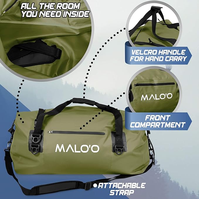 Malo’o Waterproof Dry Duffel, Heavy-Duty Roll Top Waterproof Gear Bag with Shoulder Strap & Molle Loops, Marine Duffel for Kayaking, Boating, Camping, Beach & Travel, Dark Green, 60L
