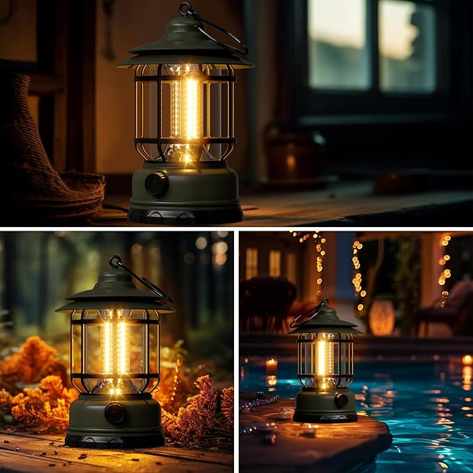 Portable LED Camping Lanterns,1500LM Step-less Dimming, Lightweight Retro Battery Powered USB Rechargeable Tent Lights,Survival Kits Flashlight for Power Outage Emergency Hiking Hurricane 3 Pack Green