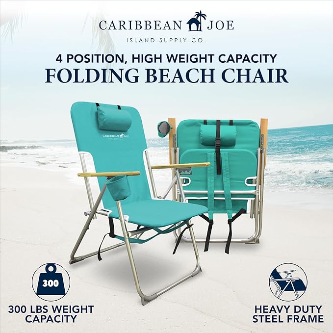 Caribbean Joe Folding Beach Chair, 4 Position Portable Backpack Foldable Camping Chair with Headrest, Cup Holder, and Wooden Armrests, 300 lb Capacity