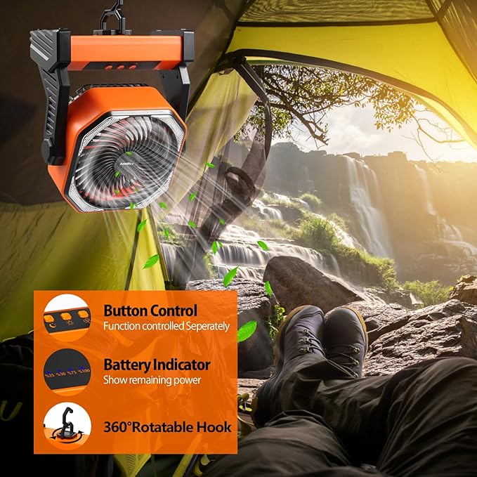 20000mAh Camping Fan, Rechargeable Battery Operated with 360° Rotatable Hook, 400 Lumes Light, 270° Pivot, 4 Speeds, 58Hrs Battery Powered Fan for Outdoor Tent Car Trip BBQ Hurricane Power Outages