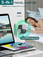 Universal Travel Adapter Worldwide, TECSIX European Travel Plug Adapter with 2 USB C, 2 USB A and Multi AC Outlets, International Power Converter for EU US UK AUS 200+ Countries Type A C G I