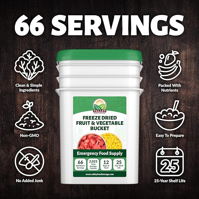 Freeze Dried Fruit & Vegetable Bucket | 12 Pouches Premium Emergency Food Supply | Non-GMO Survival Food 25 Year Shelf Life | Camping Food, Backpacking Meals, Prepper Supplies | Valley Food Storage