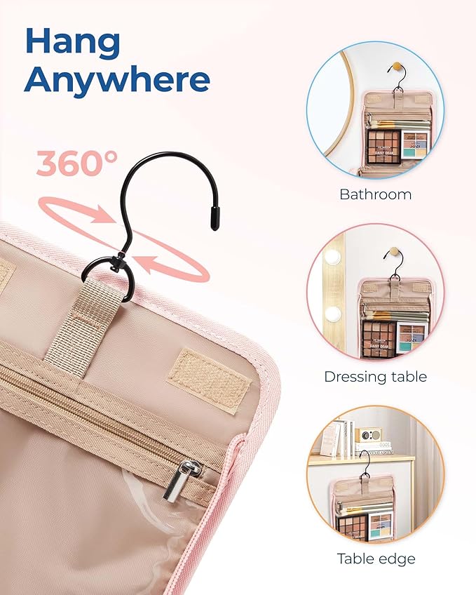 BAGSMART Travel Toiletry Bag, Large Capacity Cosmetic Bags for Women with Hanging Hook, Water-resistant for Toiletries Accessories Brushes Sponge, With Handle