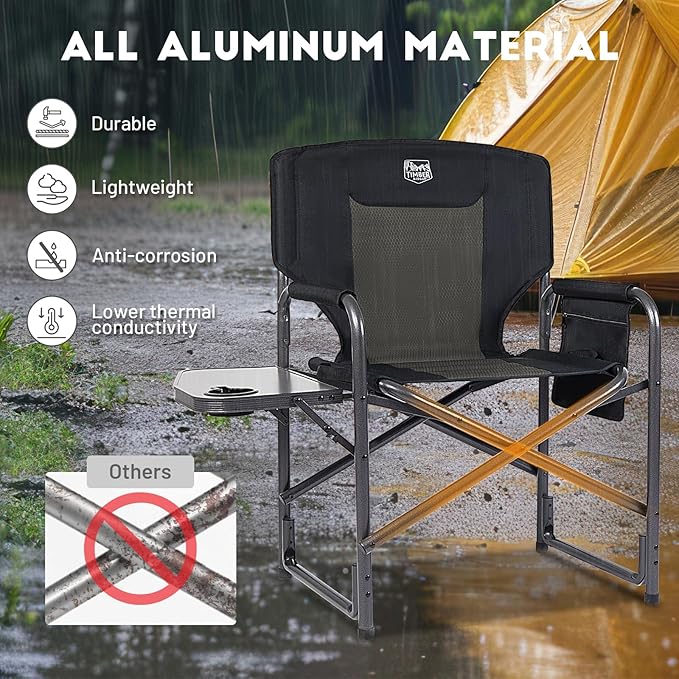 TIMBER RIDGE Aluminum Oversized Camping Chair, Lightweight Portable Directors Chair with Side Table Detachable Side Pocket for Outdoor Camping, Lawn, Picnic, Support 400lbs Black