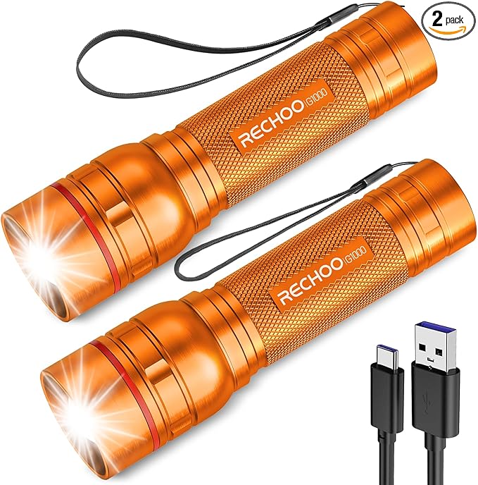 Rechargeable Flashlights High Lumens, G1000 Super Bright Flash Light 2 Pack, Small Zoomable LED Flashlight with 3 Lighting Modes, Portable Flashlight for Camping Essentials (Battery Included)-Orange