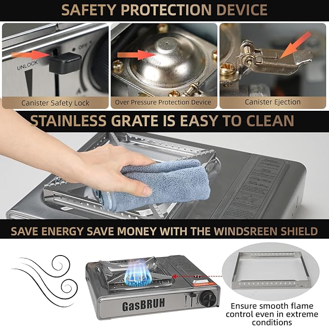 1-Burner Butane Camping Stove with Windblocker,10000 BTU Portable Camp Gas Stove for Outdoor Cooking,Camping,Tailgating, Stainless Steel Single Burner with Carry Case