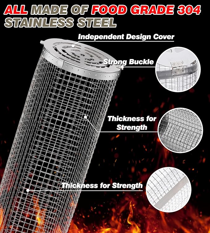 Rolling Grilling Baskets for Outdoor Grill Must Have Bbq Round Mesh Net Tube Large Barbecue Cylinder Cage Essentials Gadgets Cooking Accessories for Picnic Veggies Vegetable Fish Meat, Gift for Men