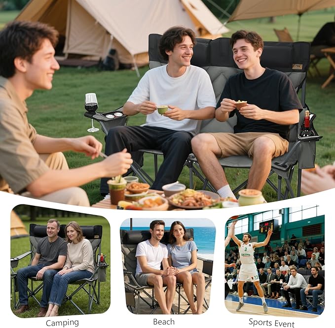 Double High-Back Camping Loveseat with Pillows, Dual Cup Holders & Cooler Bags - Oversized 2 Person Heavy Duty Folding Chair for Adults, 800LBS Capacity, Outdoor, Picnic, Lawn (1, BlackGrey)