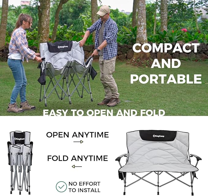 KingCamp Double Camping Chair, Oversized Heavy Duty Loveseat for Adults Portable Folding XL 2 Person Couch Padded Comfortable Two Seat with Cup Holder for Outdoor Lawn Backyard