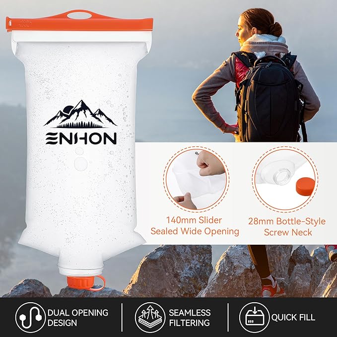 Enhon 2L Water Bag for Hiking Compatible with 28mm Sawyer Water Filter, Durable TPU Material Collapsible Bladder for Camping Fishing or Traveling, PVC Free Squeeze Pouch
