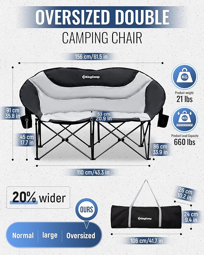 KingCamp Double Camping Chair, Oversized Heavy Duty Loveseat for Adults Portable Folding XL 2 Person Couch Padded Comfortable Two Seat with Cup Holder for Outdoor Lawn Backyard