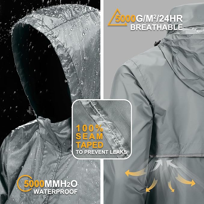 Outdoor Ventures Men's Rain Jacket Waterproof Lightweight Packable Rain Pullover for Hiking Golf Running