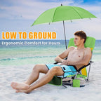 Lamberia Folding Beach Chair with Umbrella for Adults, Portable Low Beach Chairs with 300lbs Capacity, Lightweight Fodable Camping Chair for Travel, Picnic, Concert & Outdoor Activities,Green-Yellow