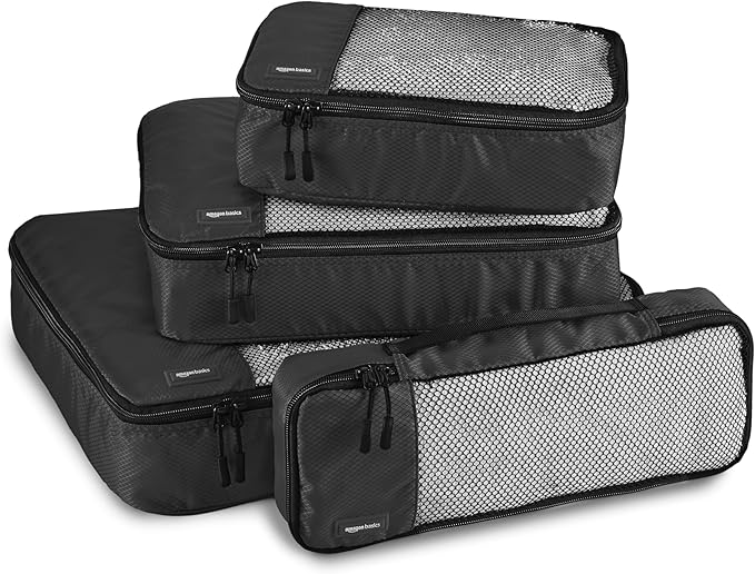 Amazon Essentials 4-Piece Packing Cubes Travel Accessories Set, Luggage Organizer with Double Zipper, Mesh Top, 100% Polyester, Small/Medium/Large/Slim, Black (Previously Amazon Basics)