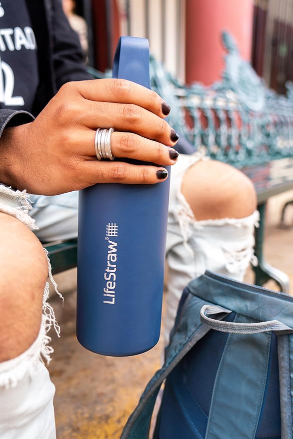 LifeStraw Go Series — Insulated Stainless Steel Water Filter Bottle for Travel and Everyday Use Removes Bacteria, Parasites and Microplastics, Improves Taste, 24oz Aegean Sea