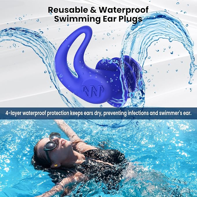 Waterproof Ear Plugs for Swimming Adults - 4 Pairs Reusable Silicone Ear Plugs for Women & Men, Keep Ear Water Out Swimming, Showering, Bathing, Surfing, Water Sports