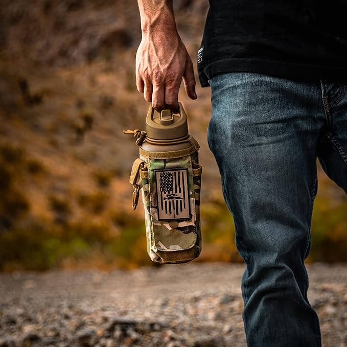 Iron Infidel Battle Bottle - 32 Oz Insulated Water Bottle with Straw Lid & Chug Cap, Stainless Steel Metal Tactical Flask With Rugged, Removable Sleeve for Keys & Phone or Wallet (OCP Camo 1 Liter)