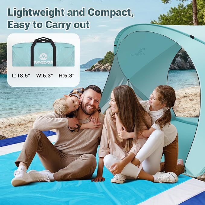 Beach Tent Sun Shelter, Beach Tent with Beach Mat Set, 4 Person Portable Beach Shade Canopy with UPF 50＋ UV Protection, Dual-Door Ventilation Design, Easy Setup Family Beach Umbrella (Green)