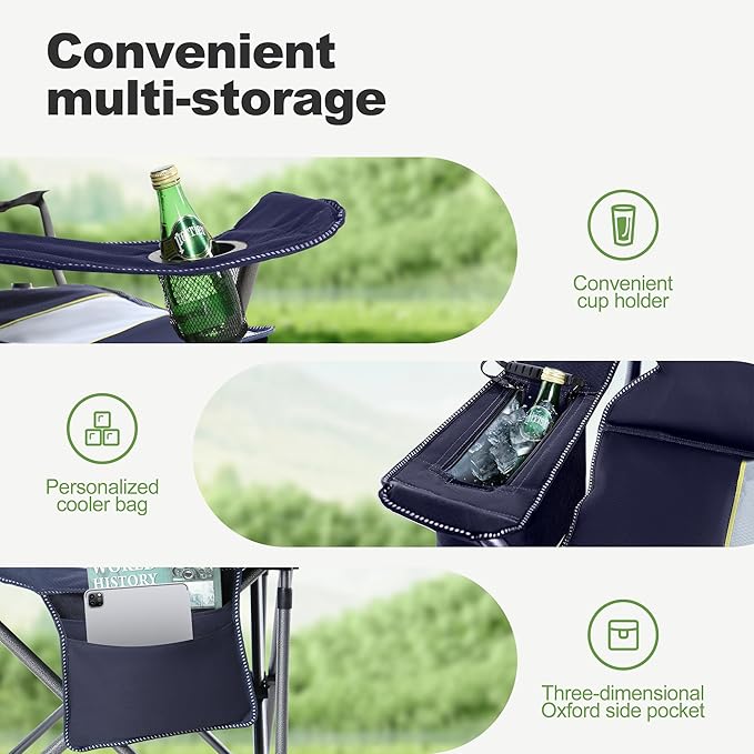 LET'S CAMP Oversized Folding Camping Chair Portable Outdoor Heavy Duty Padded Chairs Lawn Chair with Cup Holder, Storage Pocket and Cooler Bag, Supports 450LBS, for Camp, Travel, Picnic,2 Pack(Blue)