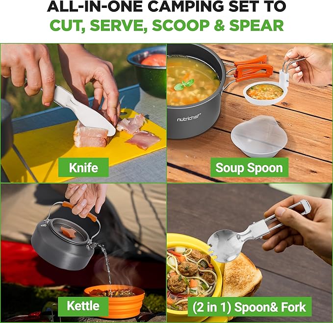 NutriChef Camping Cookware Set - Lightweight Nonstick Pots, Pans, Utensils, Bowls, Cutlery, and Cleaning Tools with Mesh Bag, Foldable Handles, Compact Outdoor Cooking Gear for Hiking & Travel (Grey)