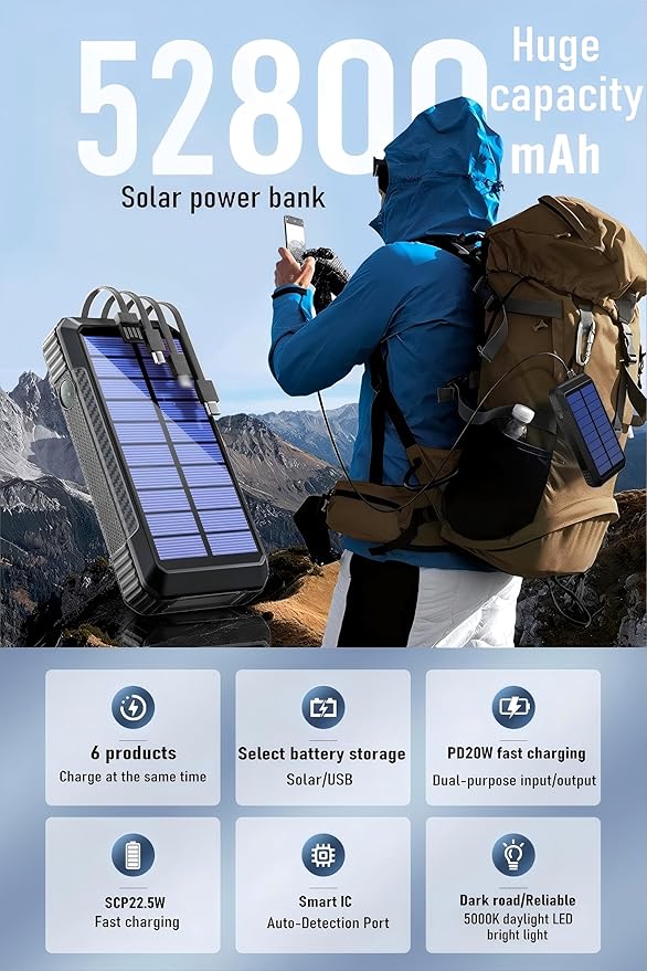 DJKK Solar Power Bank Wireless Charger 52800mAh Built in 4 Cables and LED Camping Lights 22.5W Fast Charging Power Bank 7 Outputs 4 Inputs Portable Charger Compatible with All Mobile Devices (Black)