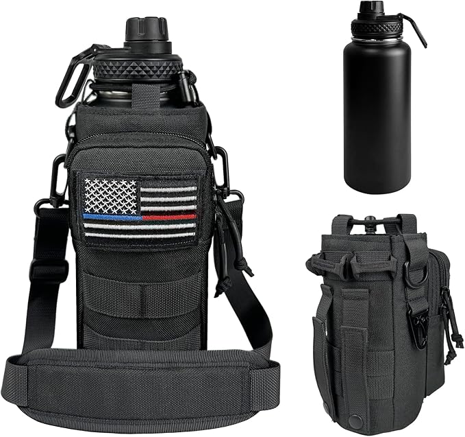 32 Oz Insulated Water Bottle - Stainless Steel Metal Military Black Water Jug with Sleeve, Gym Water Bottles for Men Sports Workout Hiking with Black Water Bottle Pouch